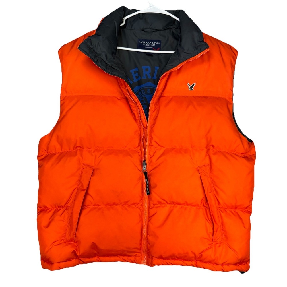 Vtg Y2K American Eagle Reversible Down Puffer Vest Men's‎ XL Orange Black Logo